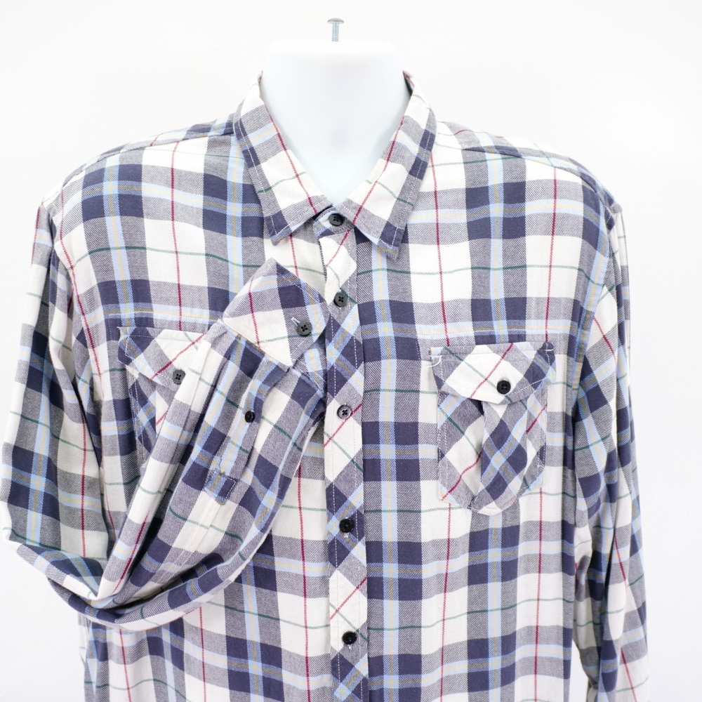 Akoo‎ Knit Flannel 2XL Cream Blue Yellow Gray Plaid Collared Dress Shirt Pocket